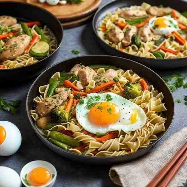 Курица с овощами и яичной лапшой